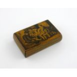 A 19th century Mauchline Ware sycamore and pen work snuff box, by Laurie, Cumnock, of curved
