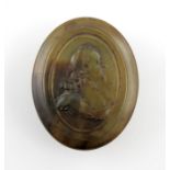 λAn early 18th century pressed horn box, possibly by Jean Obrisset, oval form, the pull-off cover