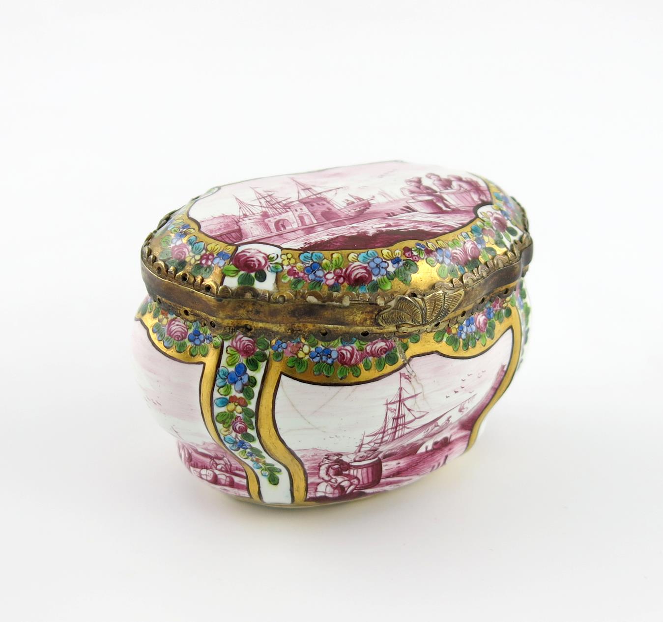A German enamel bombι shaped snuff box, 2nd half 18th century, the exterior sides and lid painted in