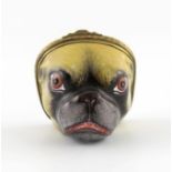 A good Birmingham enamel bonbonniθre, c.1770, modelled as the head of a pug dog, its teeth bared and