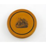 A 19th century Mauchline Ware sycamore and pen work snuff box, by Smith, Mauchline, circular form,