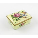 A large South Staffordshire enamel rectangular snuff box, c.1765, painted in raised enamel with a