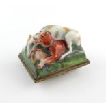 A Birmingham or South Staffordshire enamel bonbonniθre, c.1760-65, modelled as two dogs fighting