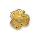 A Victorian gold shamrock style locket brooch, with fine wirework foliate decoration and twisted