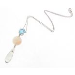 A aquamarine, opal and quartz pendant, the oval-shaped aquamarine suspends an opal bead and a