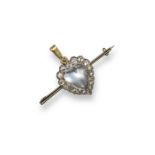 An early 20th century heart-shaped moonstone and diamond brooch/pendant, the moonstone cabochon is