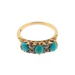 A turquoise and diamond half hoop ring, set with three oval-shaped turquoise cabochons and four