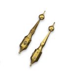 A pair of Victorian gold drop earrings, designed as waisted batons and applied with shell and