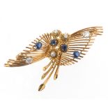 A French sapphire and diamond yellow gold spray brooch, centred with a cluster of old cut diamonds