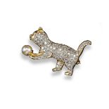 A cultured pearl and diamond kitten brooch, the cat pave-set with circular-cut diamonds and