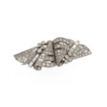An Art Deco double clip brooch, of abstract scroll design and set with circular and baguette-