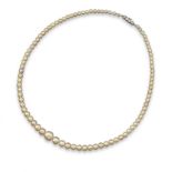 A single-row natural pearl necklace, the natural saltwater pearls graduate from 3.2 to 8.7mm. The