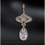 An Art Nouveau pink and white diamond pendant, the pear-shaped pink diamond weighs 2.77cts and