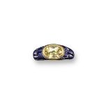 A yellow sapphire and blue enamel ring, the oval-shaped sapphire is set within a bombe blue enamel