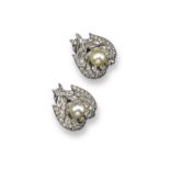 A pair of pearl and diamond scroll earrings, each earring centred with a cultured pearl and