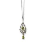 An Edwardian peridot, diamond and seed pearl pendant, the floral design set with diamonds and seed