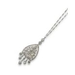 An Edwardian diamond and pearl set pendant, the shield-shaped pendant is centred with a stylised