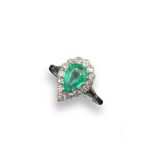 An emerald and diamond set cluster ring, the pear-shaped emerald is millegrain-set within a surround