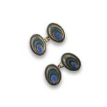 A pair of 9ct gold and enamel cuff links by Barnet Henry Joseph, the blue and green enamel with