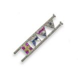 An early 20th century gem-set pennant brooch, the four flags set with diamonds, sapphires (three