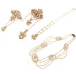 A Georgian seed pearl suite of jewellery, including a necklace designed as five graduated clusters