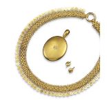 A late Victorian suite of gold jewellery, comprising a diamond set hinged oval locket pendant.