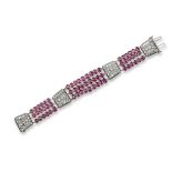 A ruby and diamond bracelet, the four platinum sections are each set with circular and baguette