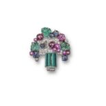 A tutti-frutti style giardinetto brooch in the Japanese style by Cartier, the pot formed with