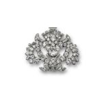 A diamond-set scroll brooch, of geometric design and set with graduated circular, baguette and
