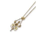 An Art Nouveau gold pendant, the bi-colour gold naturalistically depicting flowers and set with