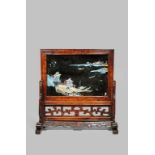 A RARE CHINESE KINGFISHER FEATHER TABLE SCREEN QING DYNASTY Depicting a river landscape with a