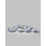 EIGHT CHINESE BLUE AND WHITE TEA BOWLS KANGXI 1662-1722 The bodies moulded with double tiers of