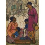 CHUAH THEAN TENG (1914-2008), 'AT THE FRUIT STALL' 1971 A batik painting of two female fruit sellers