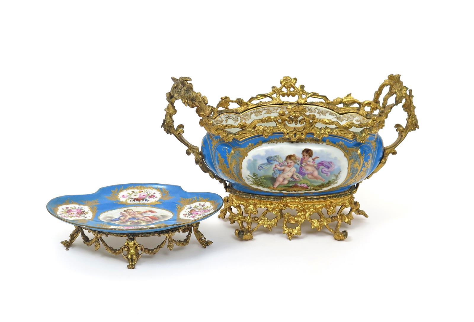 A Sèvres style ormolu-mounted jardinière 19th century, painted to one side with two putti