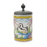 A German faïence tankard late 18th century, the cylindrical form painted with a horse jumping a