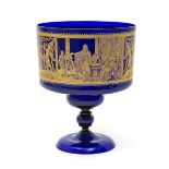 A large Italian glass presentation goblet 19th/20th century, the large drum form of a rich blue tone