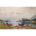 Adelsteen Normann (Norwegian 1848-1918) Figure in a rowing boat on the shore of a fjord Signed and