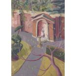 ‡ Priscilla Hanbury (1921-2008) A walled garden with a statue in a niche and a sundial Signed Oil on