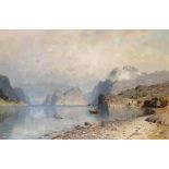 Adelsteen Normann (Norwegian 1848-1918) View of a Norwegian fjord with a village on the shore Signed