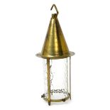 A Gothic Revival brass hall lantern, tapering conical form with cylindrical cast clear glass shade