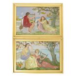 A pair of Aesthetic Movement silk embroidered and painted panels, depicting classical musician