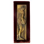 A Ferdinand Barbedienne bronze panel, rectangular, cast relief with a female water carrier, on red