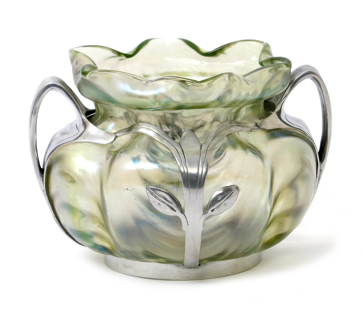 An Art Nouveau Loetz glass vase with pewter mount by Van Houten, swollen and ribbed form the glass