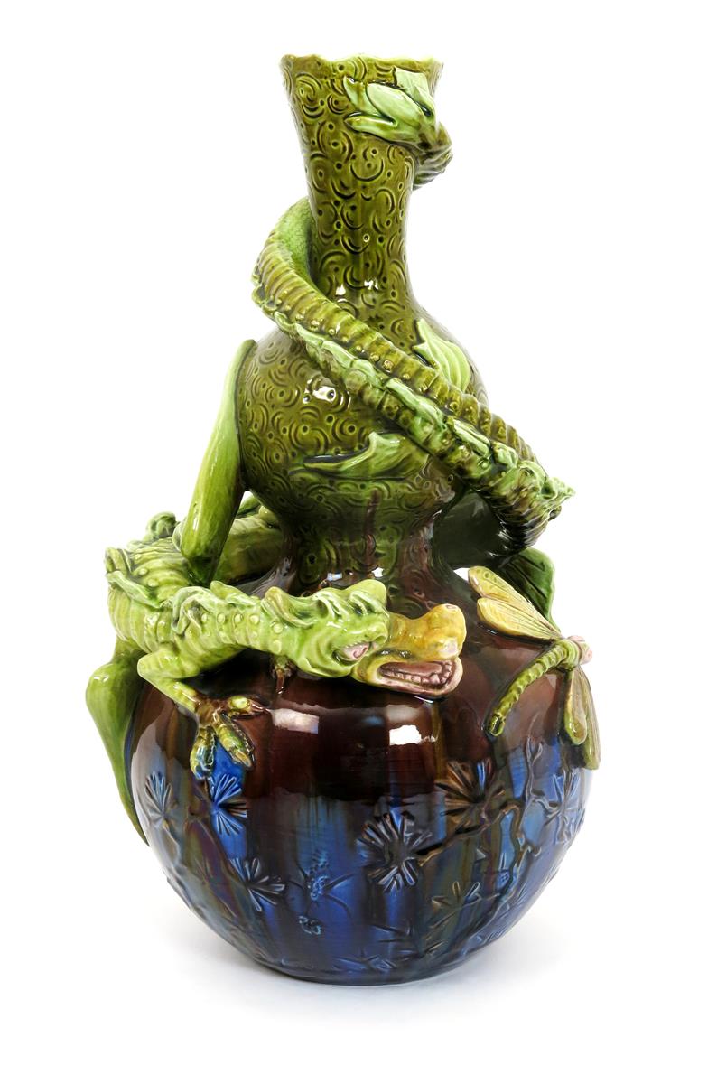 A Burmantofts Faience Pottery Dragon vase, double gourd form, modelled in relief with a dragon