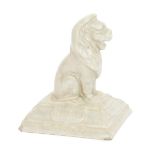 A Leeds Fireclay Co advertising paperweight, modelled as a seated lion, the base with shields