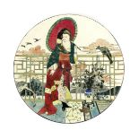 A Burmantofts Faience charger by William Neatby, dated 1887, painted with a geisha with a parasol,