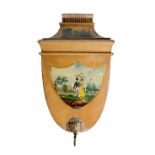 A 19th century continental tôle peinte lavabo wall fountain, with a galleried top, the body with