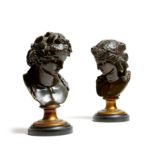 After the antique. A pair of 19th century French bronze busts of Bacchus and Ariadne, each on a gilt