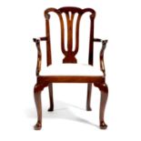 A George II mahogany open armchair, with a pierced vase shaped splat back, with shepherd's crook