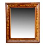 A walnut and marquetry wall mirror, the rectangular plate within a cushion frame inlaid with